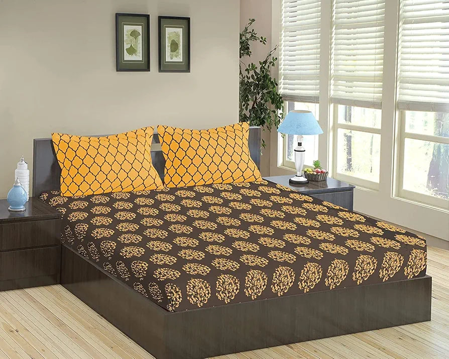 Trance Home Linen 200TC 100% Cotton 78"x60" Standard Queen Size Elastic Fitted Bedsheet Printed Bedspread with 2 Pillow Covers Colour Damask & Dori-Warm Grey Mustard
