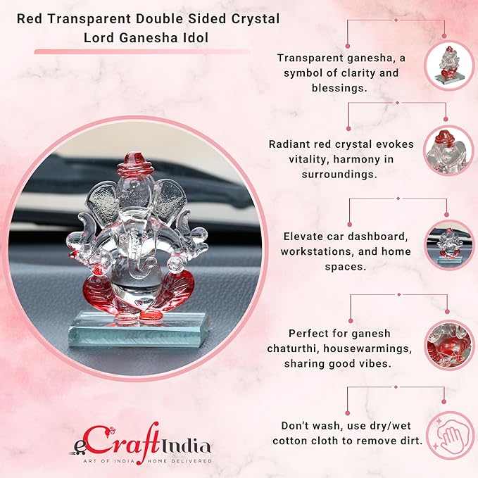 Ecraftindia Red and Transparent Double Sided Crystal Car Ganesha Showpiece