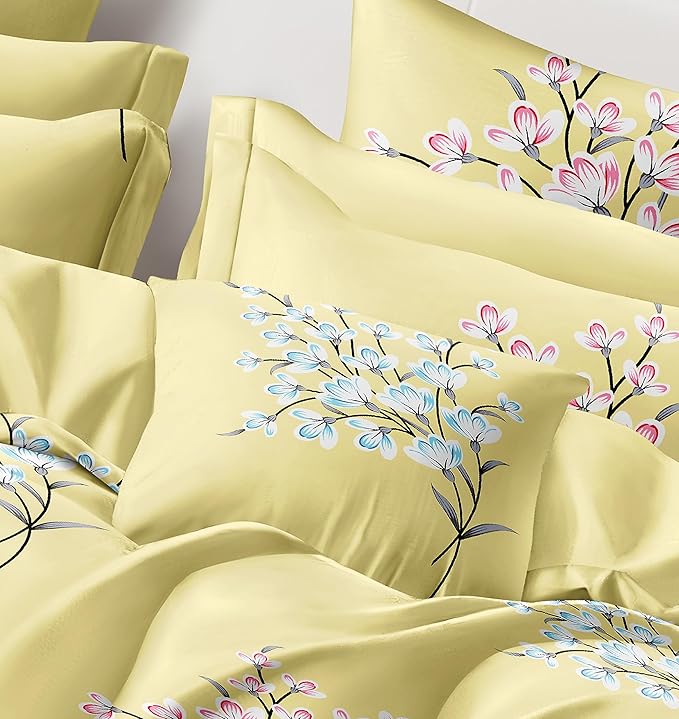 Cortina 140 Tc 100% Microfiber Printed Double Bedsheet Set With Two Pillow Case | 90x100 Inches | Leaf | Yellow