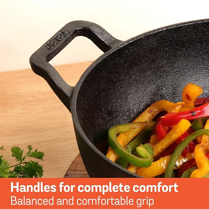 Meyer Pre Seasoned Cast Iron Kadai|Iron Kadhai with Lid 20cm/ 1.5 Liters Black