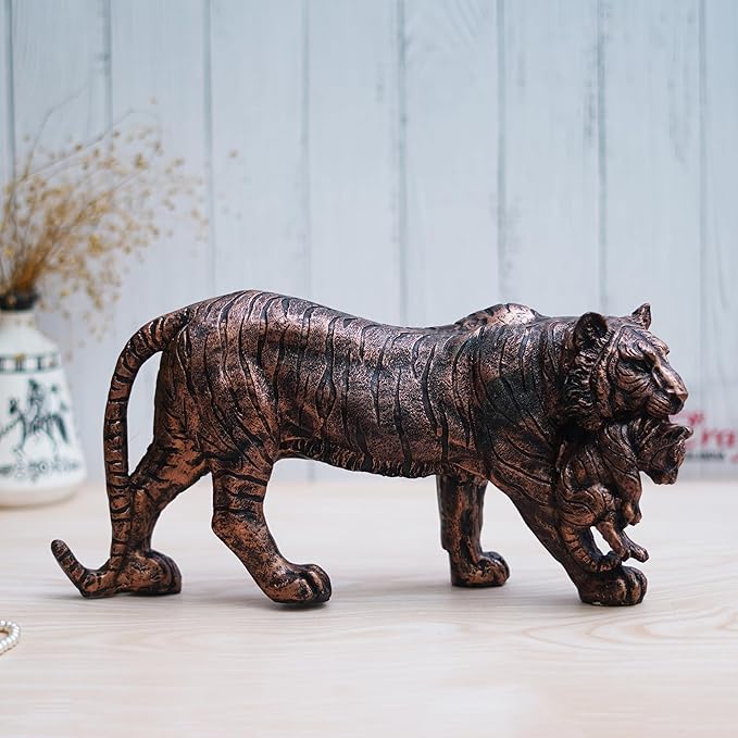 Ecraftindia Rustic Brown Polyresin Lioness With Cub Statue Animal Figurine Decorative Showpiece
