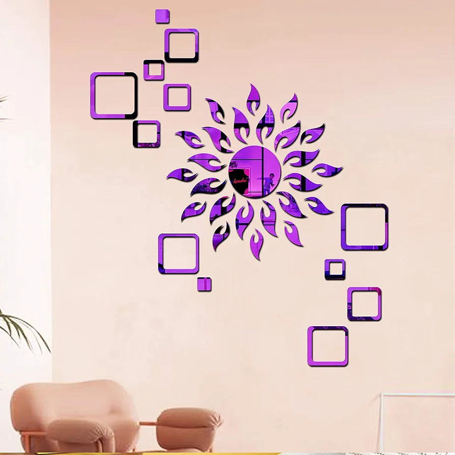 Bikri Kendra Art BK113, Sun Purple with Square Purple 2 Set 3D Acrylic Mirror Stickers for Wall