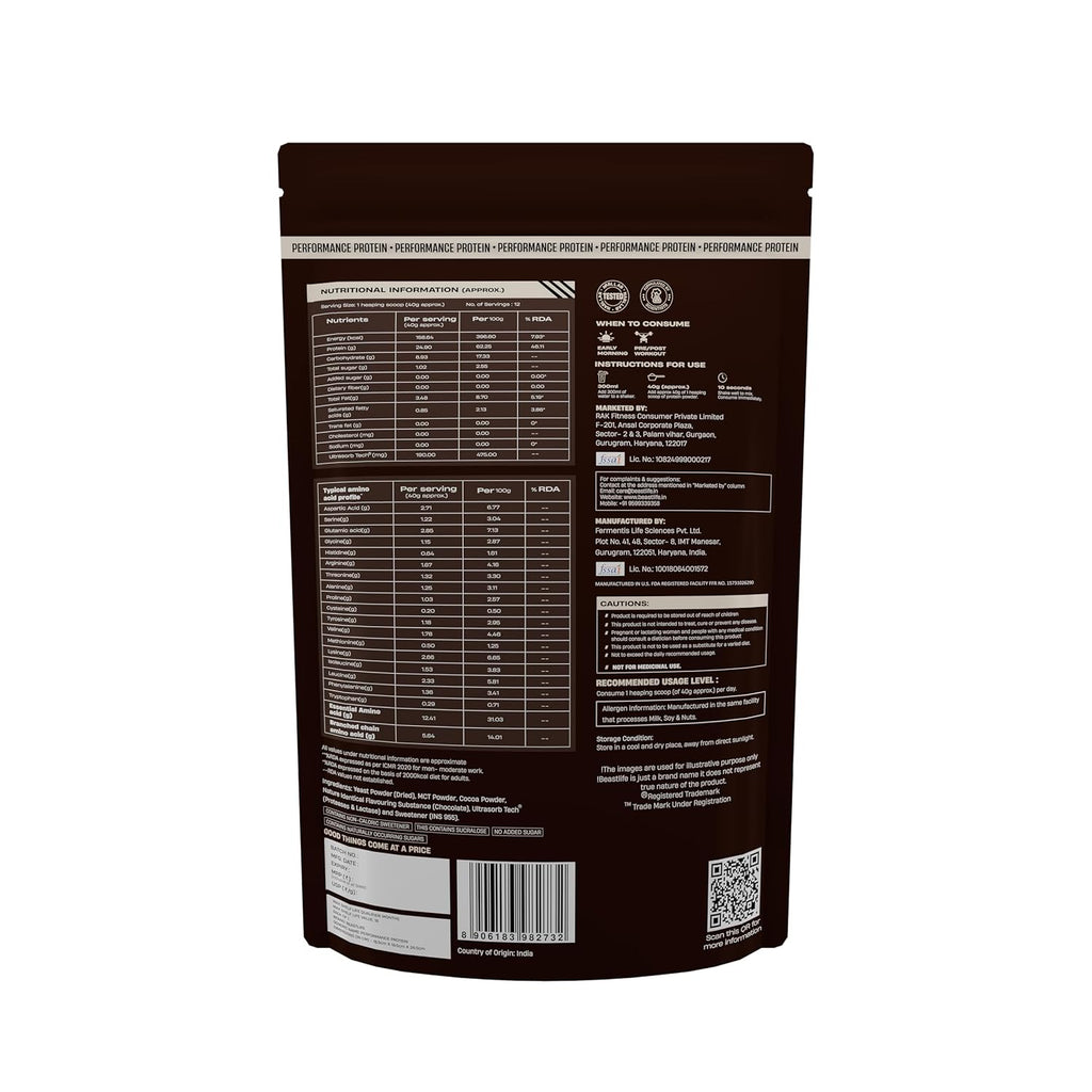 BeastLife Performance Yeast Protein Powder | 25g Protein | Chocolate |NABL Lab Certified | High Absorption for Muscle Growth |Smooth & Light, Easy to Digest with Ultrasorb Tech|5.64g BCAA | Best For Gut | Beta Glucan | Improves Immune Function | 500g