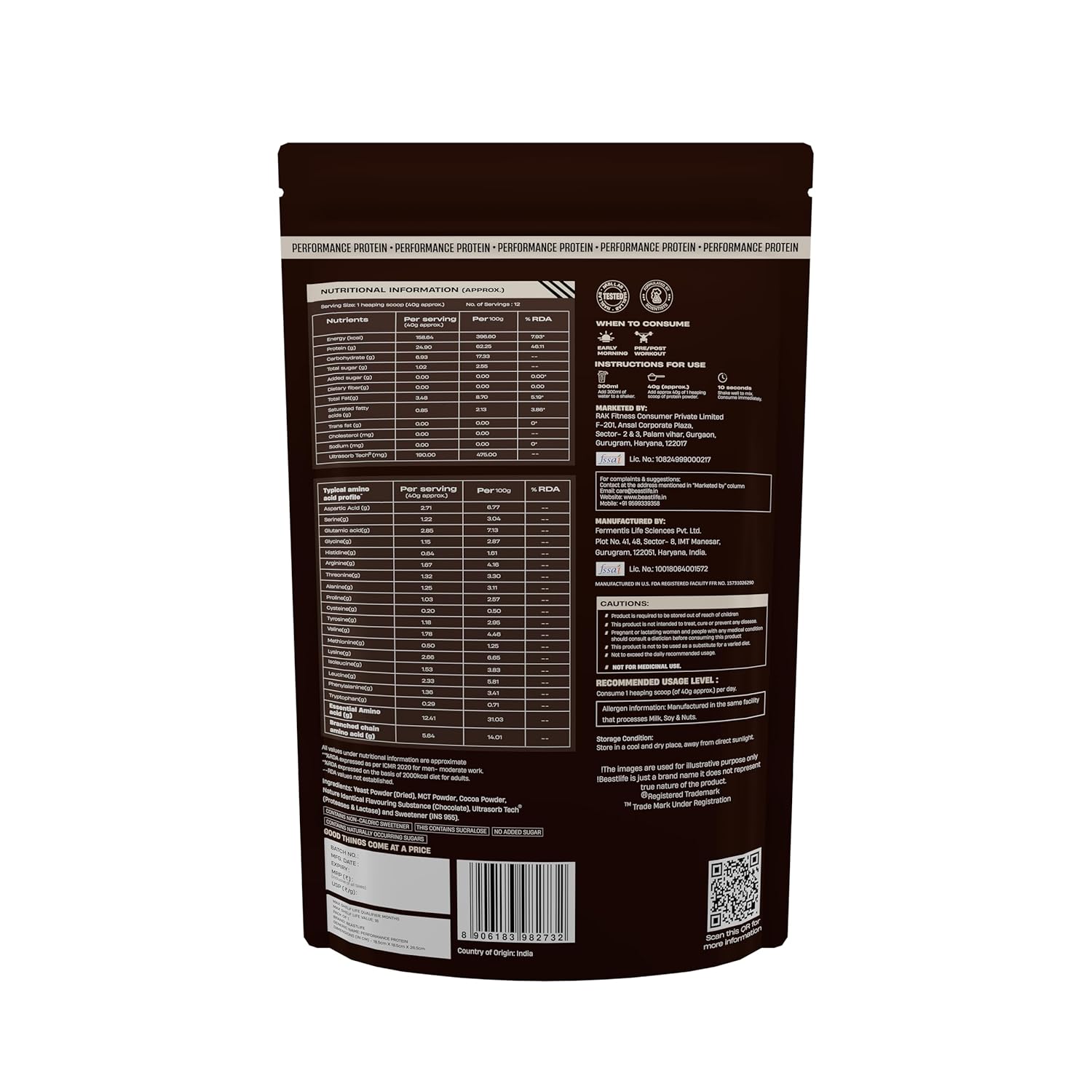 BeastLife Performance Yeast Protein Powder | 25g Protein | Chocolate |NABL Lab Certified | High Absorption for Muscle Growth |Smooth & Light, Easy to Digest with Ultrasorb Tech|5.64g BCAA | Best For Gut | Beta Glucan | Improves Immune Function | 500g