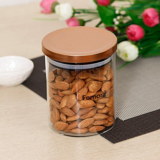 Femora Borosilicate Glass Jar With Golden Metallic Lid | Jars for Kitchen Storage  | 600 Ml | Set of 2