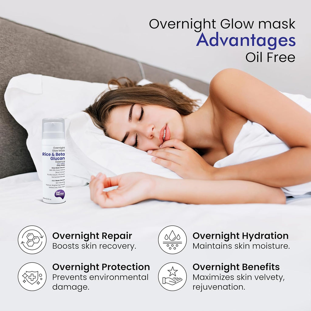 Get Nectar Happiness Overnight Glow Mask Rice & Beta-Glucan (Oil Free) with Rice fermented, Beta-glucan & Bean Essence for Skin Glowing Texture-Brightening facial, Softens dull, & Younger-Look (30ml)