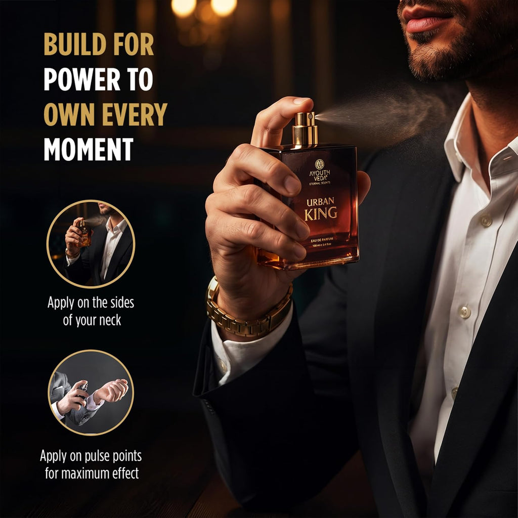 Ayouthveda Urban King Eau De Parfum for Men | Long-Lasting Luxury Perfume | Geranium, Patchouli, Spicy Warm Accord & Leather Notes | Bold & Confident All-Day & Night Fragrance | 100ml