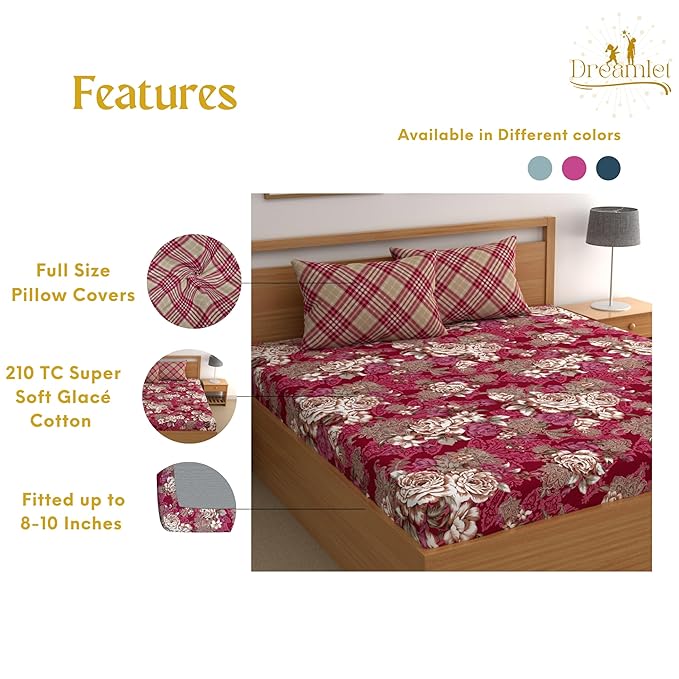 Dreamlet All Around Elastic Supersoft 210tc Premium Cotton Elastic Fitted Bedsheets With 2 King Size Pillow Covers | Red