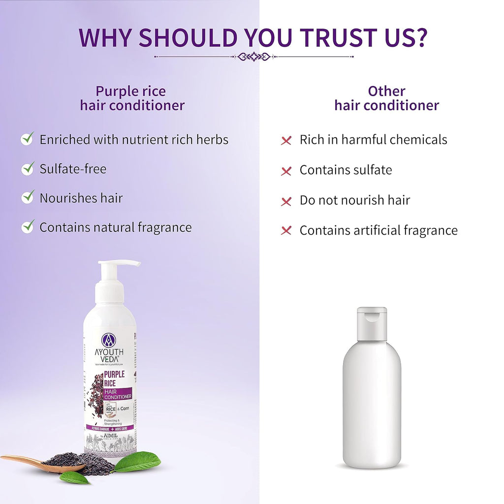 Ayouthveda Purple Rice Hair Conditioner with Rice Water & Kernel Protein | Repairs Damage, Controls Frizz & Enhances Volume | Enriched with Eggplant, Betel & Guava Leaves | For All Hair Types | 200ml