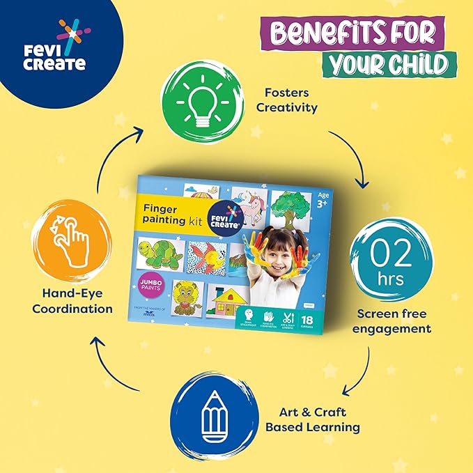 Fevicreate Finger Painting Kit 18 Activities With Printed Templates & 5 Vibrant Non-toxic Colours for Kids Age 3+ Years