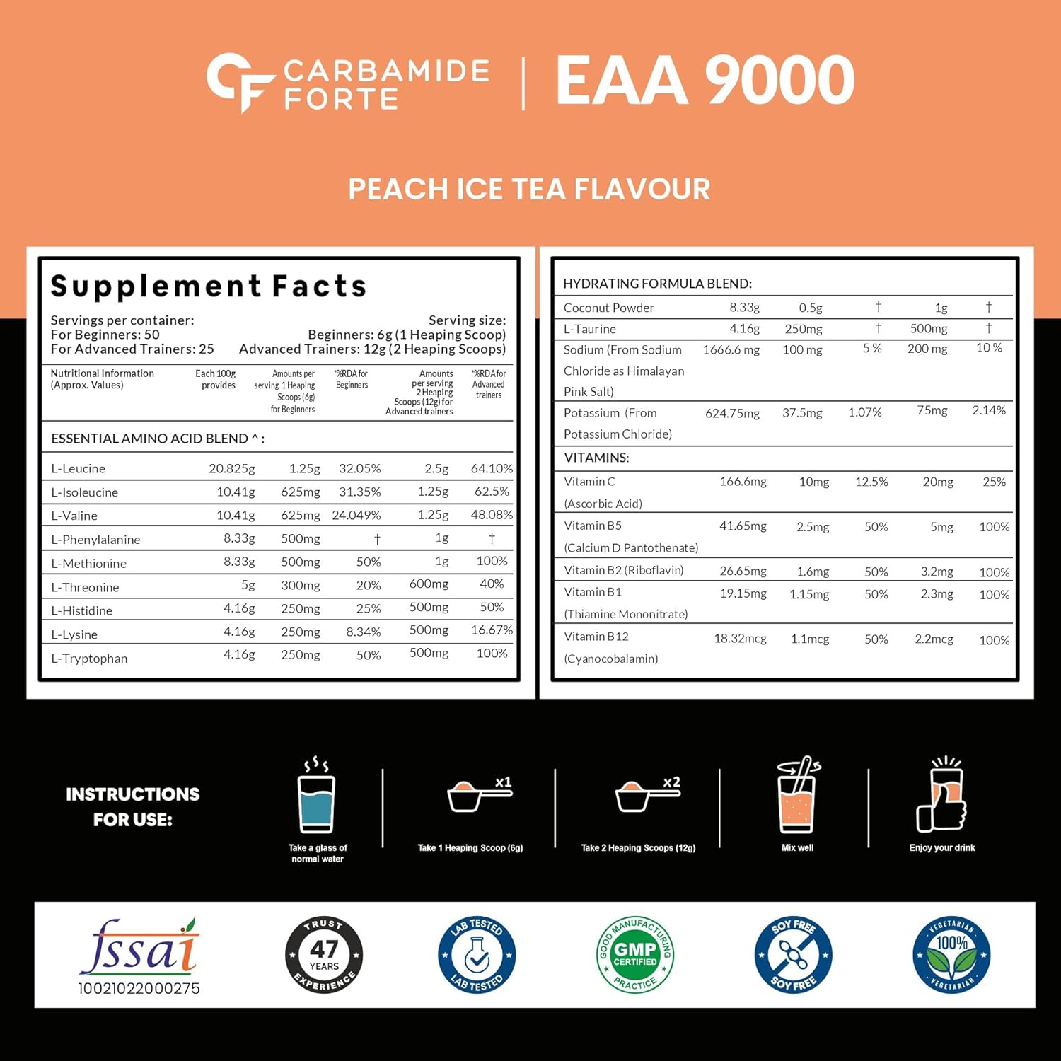 Carbamide Forte Eaa Supplement with Bcaa 5000Mg | Eaa intra workout Supplement for Men & Women with Hydration Blend & Vitamins â€“ Peach Iced Tea Flavour - 50 Servings - Powder 300G