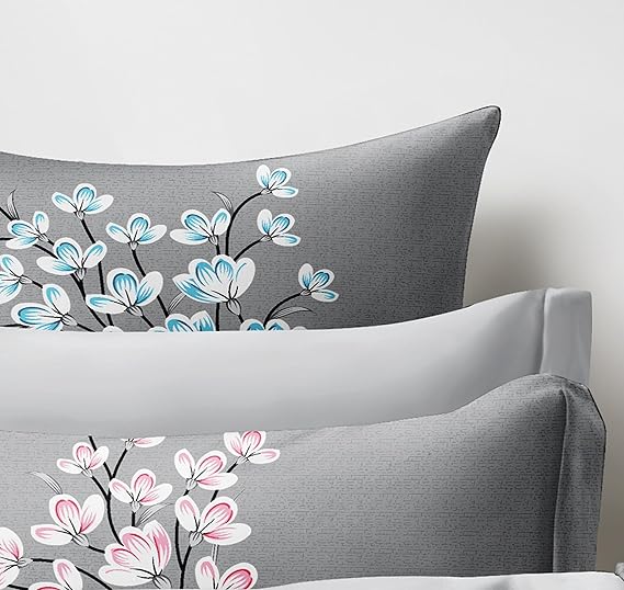 Cortina 140 Tc 100% Microfiber Printed Double Bedsheet Set With Two Pillow Case | 90x100 Inches | Leaf | Grey