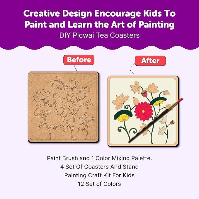Mini Leaves Colorful Round and Square Pichwai Wooden DIY Tea Coaster Art and Craft Paint Kit | Advanced Level