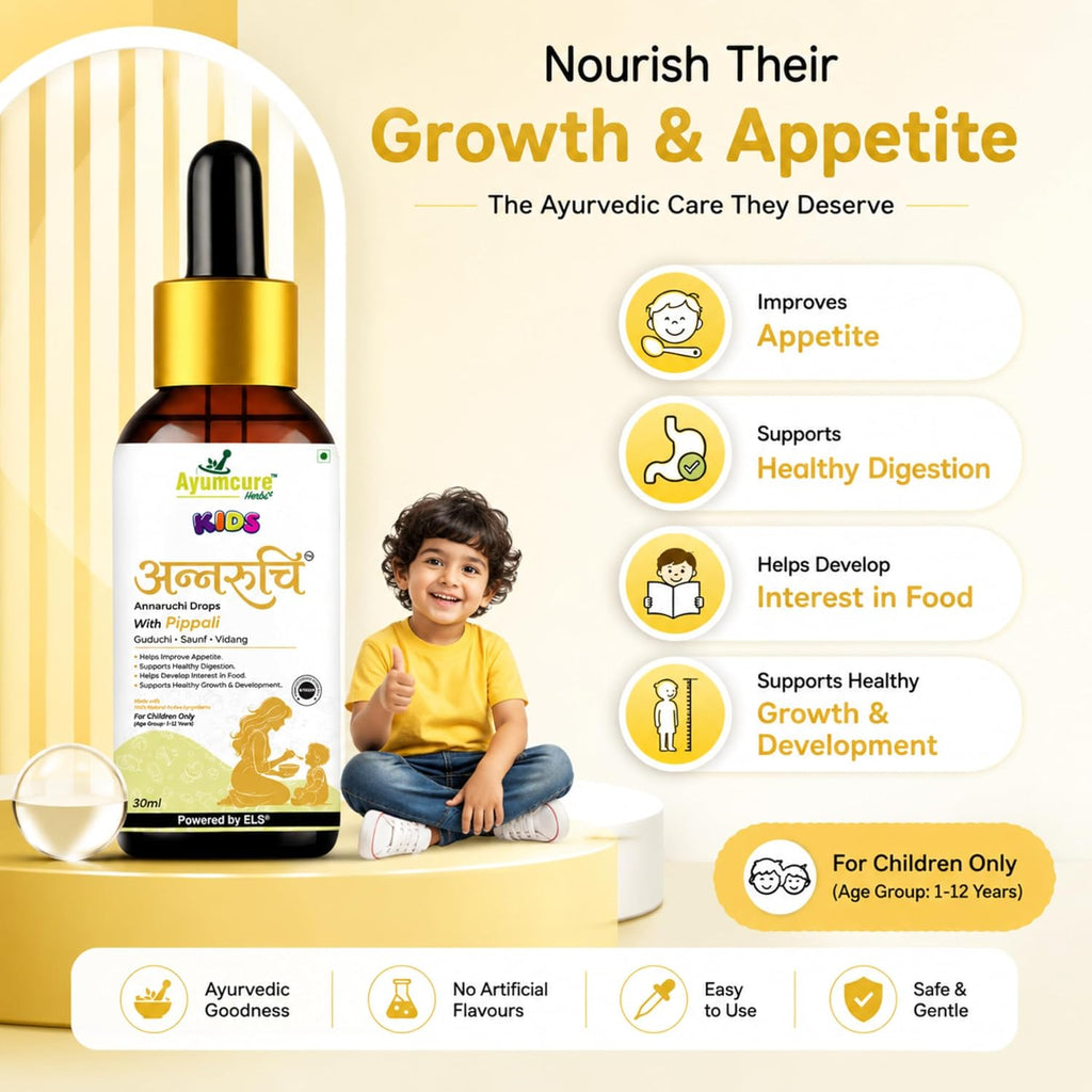 Ayumcure Kids Annaruchi Drops for Children 1-12 Years | 30ml | Ayurvedic Appetite & Digestive Support | With Pippali, Guduchi, Saunf, Vidang, Kutki & Amla | Supports Healthy Digestion, Nutrient Absorption & Growth