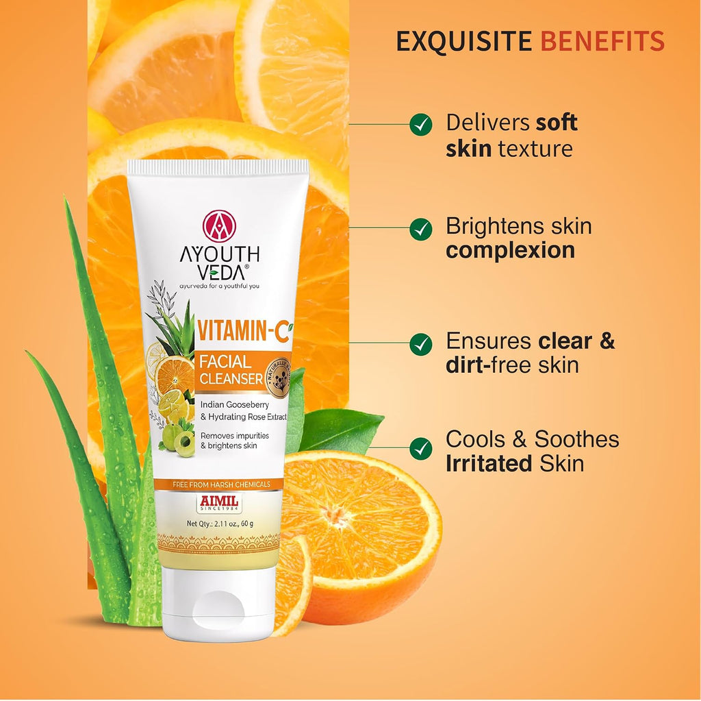 Ayouthveda Vitamin-C Facial Cleanser with Indian Gooseberry, Lemon, Orange & Hibiscus Extracts | Gently Exfoliates, Promotes Collagen & Brightens Skin | Suitable for All Skin Types | 100g