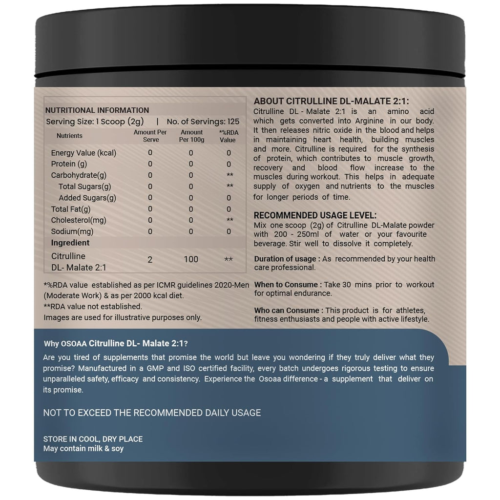 OSOAA Pure Citrulline Malate 2:1 Supplement Powder - 250g, Unflavoured | Boosts Nitric Oxide, Pre Workout Amino Acid for Muscle Strength & Endurance