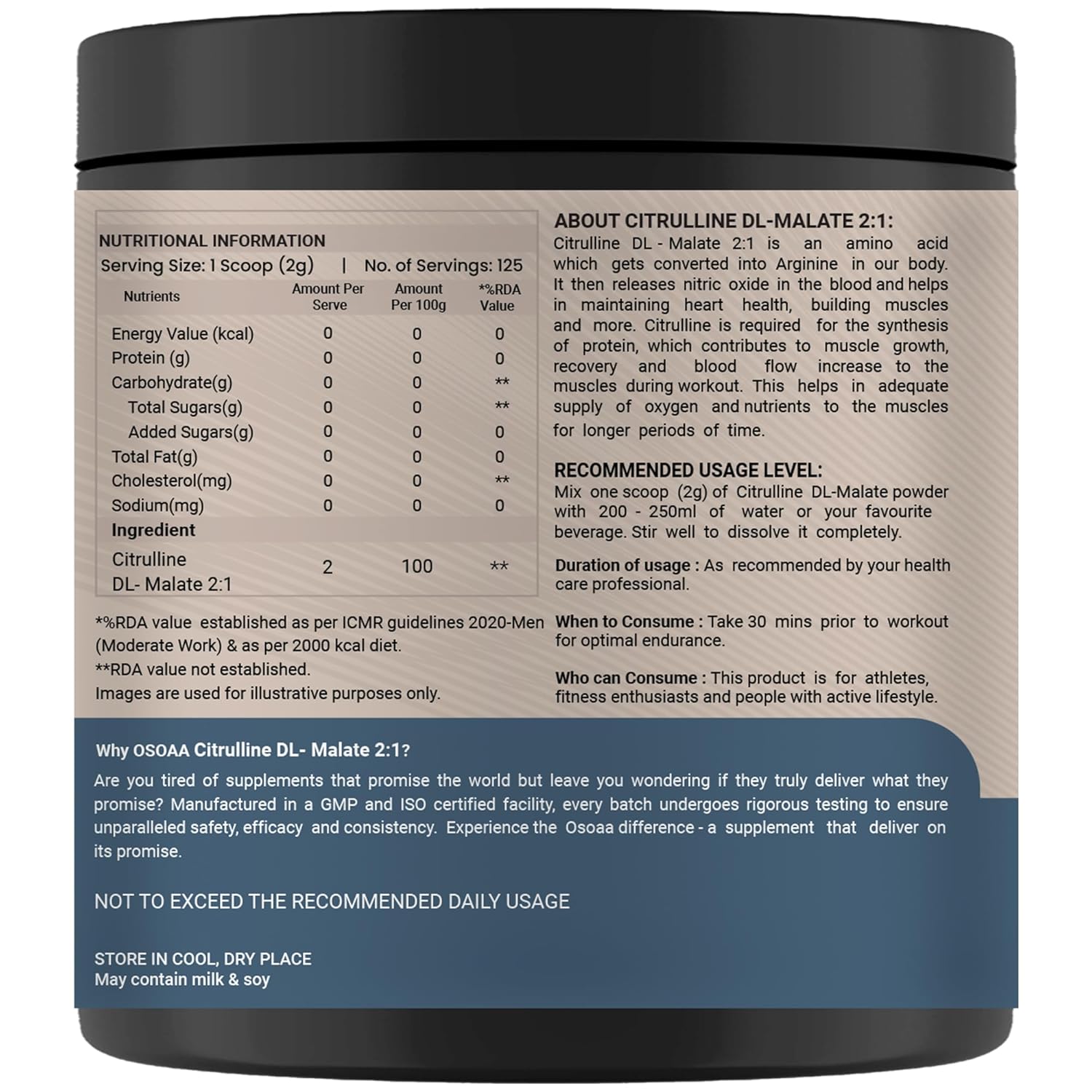 OSOAA Pure Citrulline Malate 2:1 Supplement Powder - 250g, Unflavoured | Boosts Nitric Oxide, Pre Workout Amino Acid for Muscle Strength & Endurance