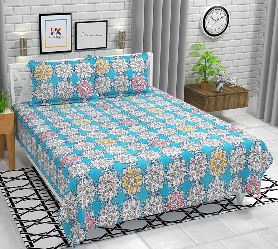 HomeKart Floral 180 Tc Ultra Super Soft Cotton Feel Microfiber Double Bedsheet with Two Pillow Covers for Your Bedroom Aqua