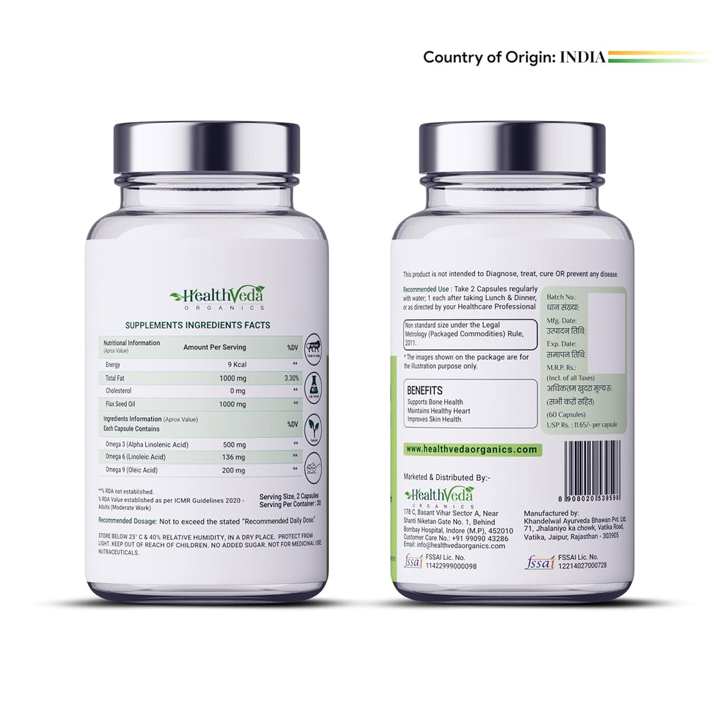 Health Veda Organics Vegan Omega 3-6-9 Flaxseed Oil (1000mg) for Healthy Bones, Hair & Skin| 60 Veg Soft Gel Capsules for Both Women & Men