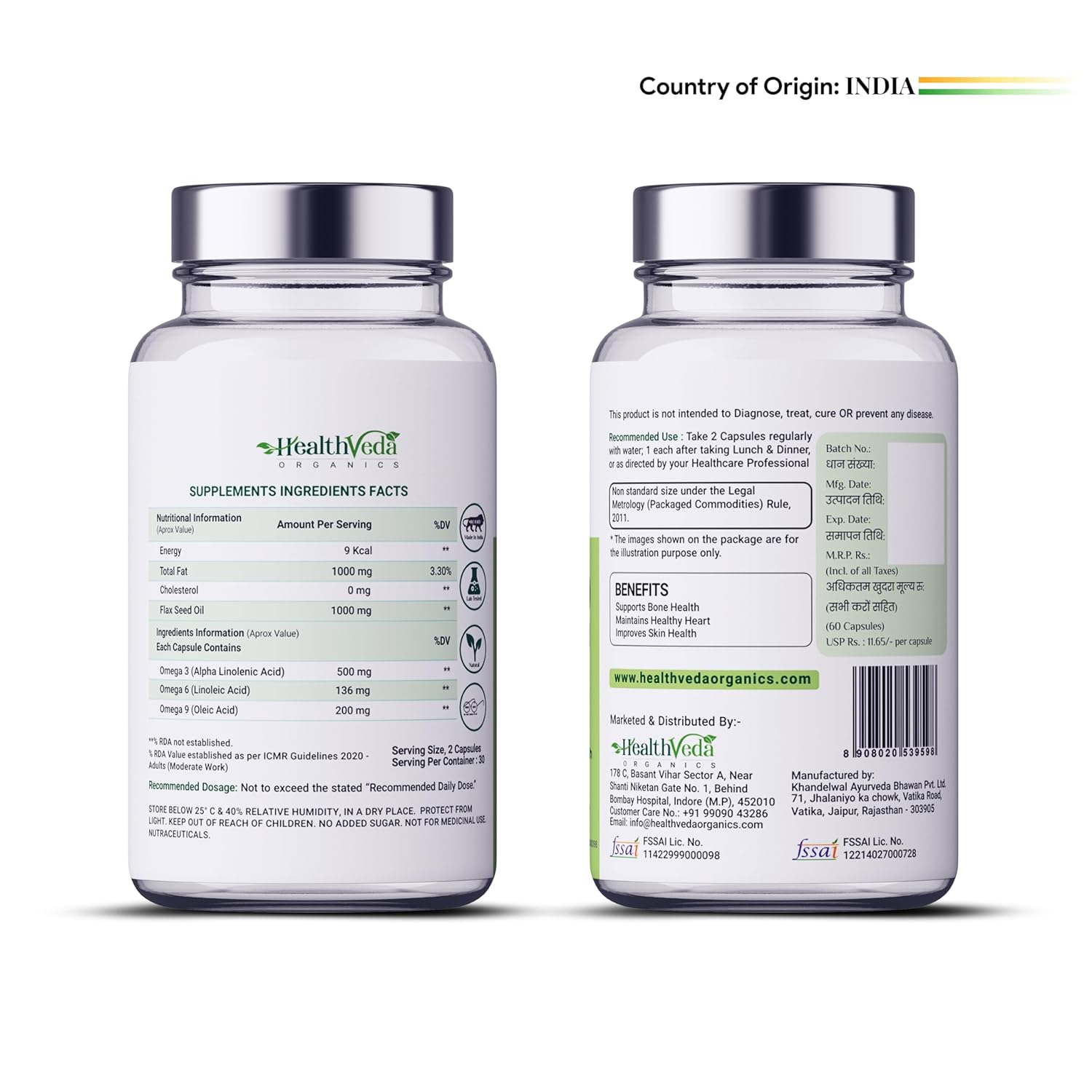 Health Veda Organics Vegan Omega 3-6-9 Flaxseed Oil (1000mg) for Healthy Bones, Hair & Skin| 60 Veg Soft Gel Capsules for Both Women & Men