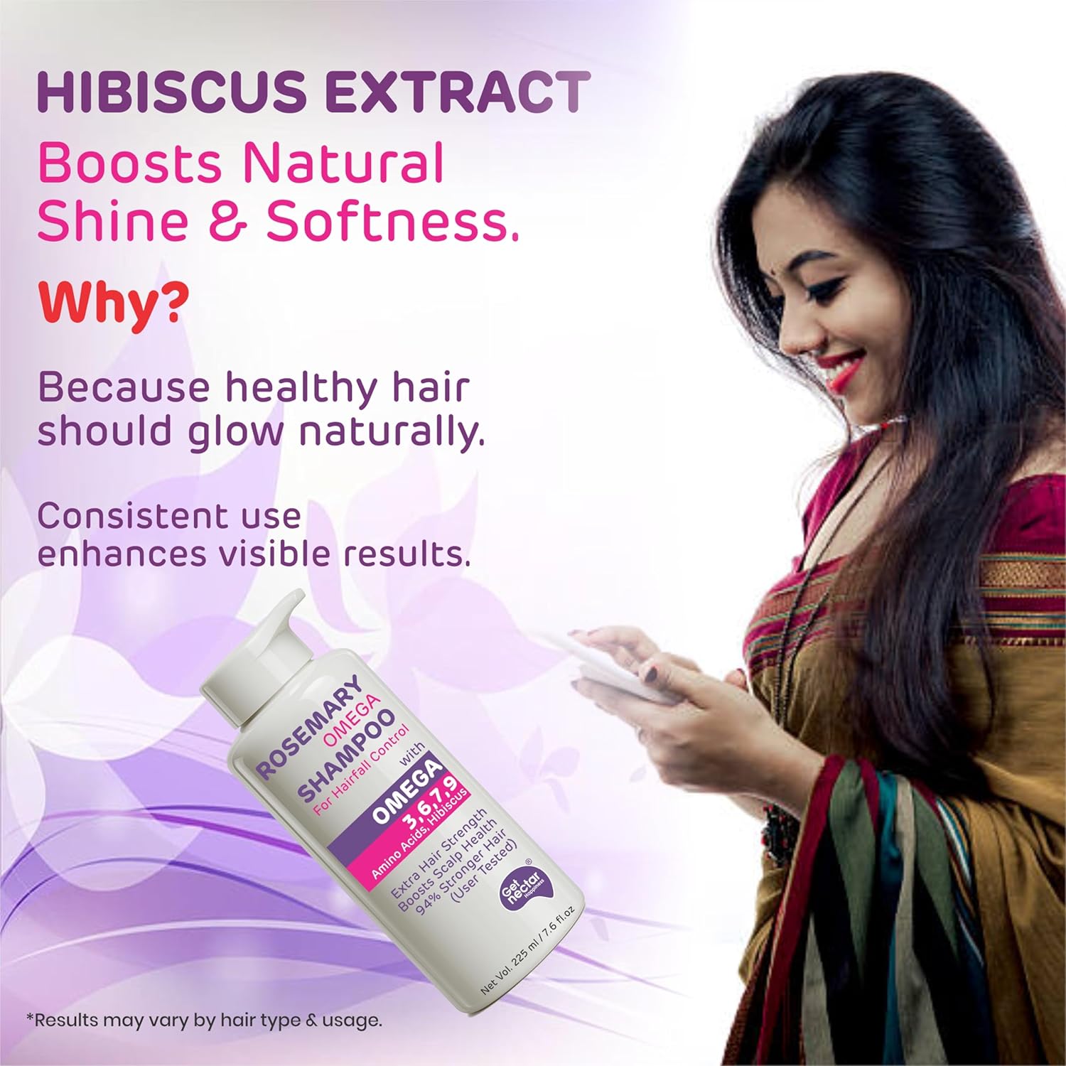 Get Nectar Happiness Korean Hair Essence Rosemary Shampoo for Hair Fall Control | Enriched with Hibiscus, Omega 3,6,7,9 & Amino Acids | Strengthens Roots, Boosts Scalp Health & Reduces Breakage | Sulphate & Paraben Free Gentle Cleanser | 225ml