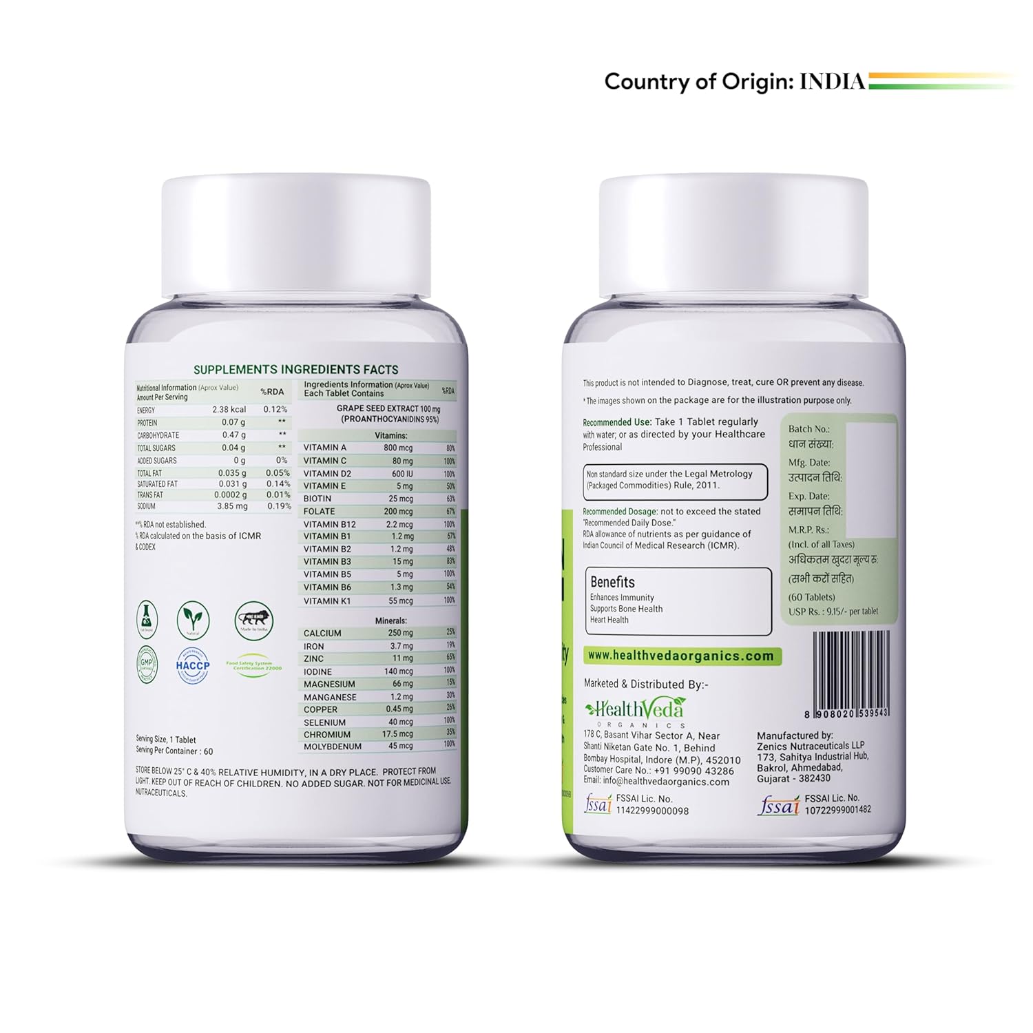 Health Veda Organics Multivitamin for Men, 60 Multivitamin Tablets, with Zinc, Vitamin C, Vitamin D3, Multiminerals and Ginseng Extract, Enhances Energy, Stamina & Immunity