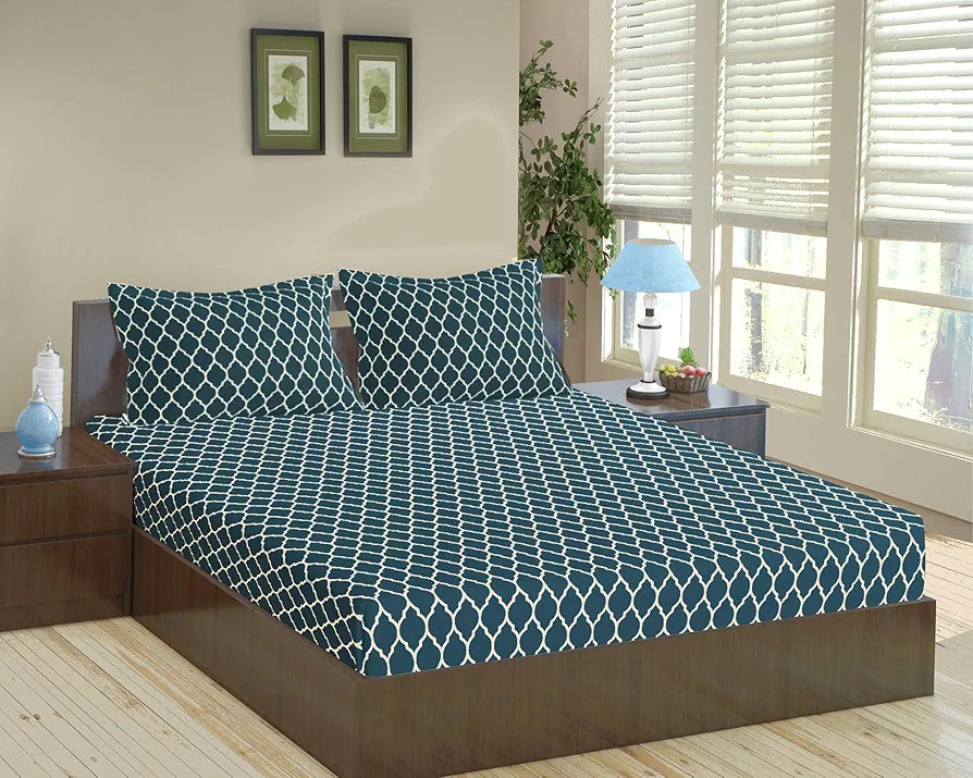 Trance Home Linen 200TC 100% Cotton 78"x72" Standard King Size Elastic Fitted Bedsheet Printed King Bed Size with 2 Pillow Covers Colour Dori Blue
