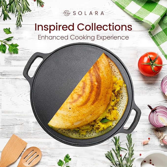 Solara Cast Iron Tawa for Dosa 12" Inch | 30 Cm | Gas & Induction Friendly, Dosa Pan Cast Iron, Cast Iron Cookware