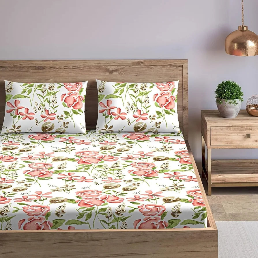 Trance Home Linen 180TC 100% Cotton 78"x60" Standard Queen Size Elastic Fitted Bedsheet Printed Queen Bed Size with 2 Pillow Covers Colour Huvu Red
