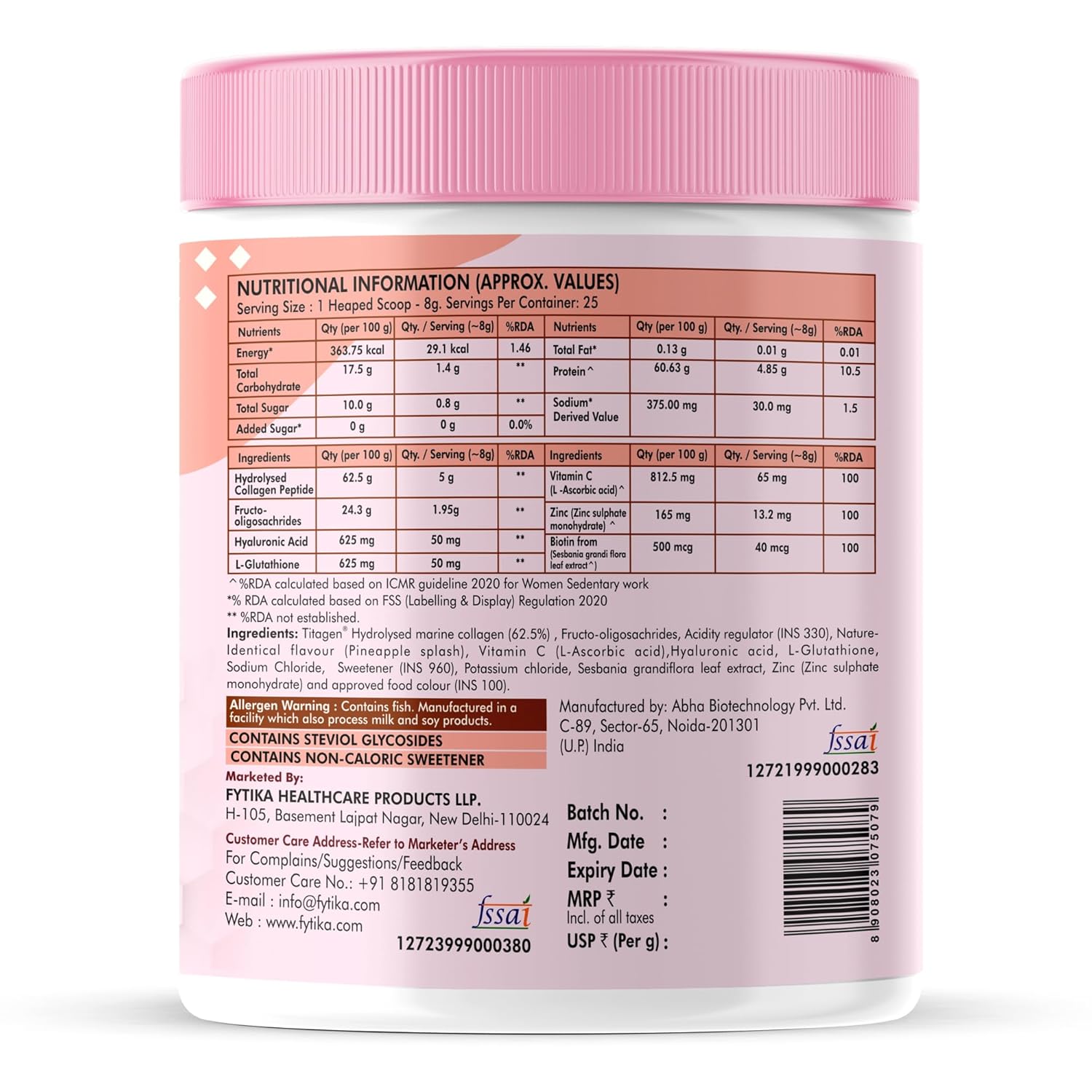 Fytika Let It Glow - 200g (Pineapple, Pack of 1) Marine Collagen Supplement Powder for Men & Women|L- Glutathione, Vitamin C, Sesbania Agati Extract|Promotes Healthy Skin, Hairs and Nails