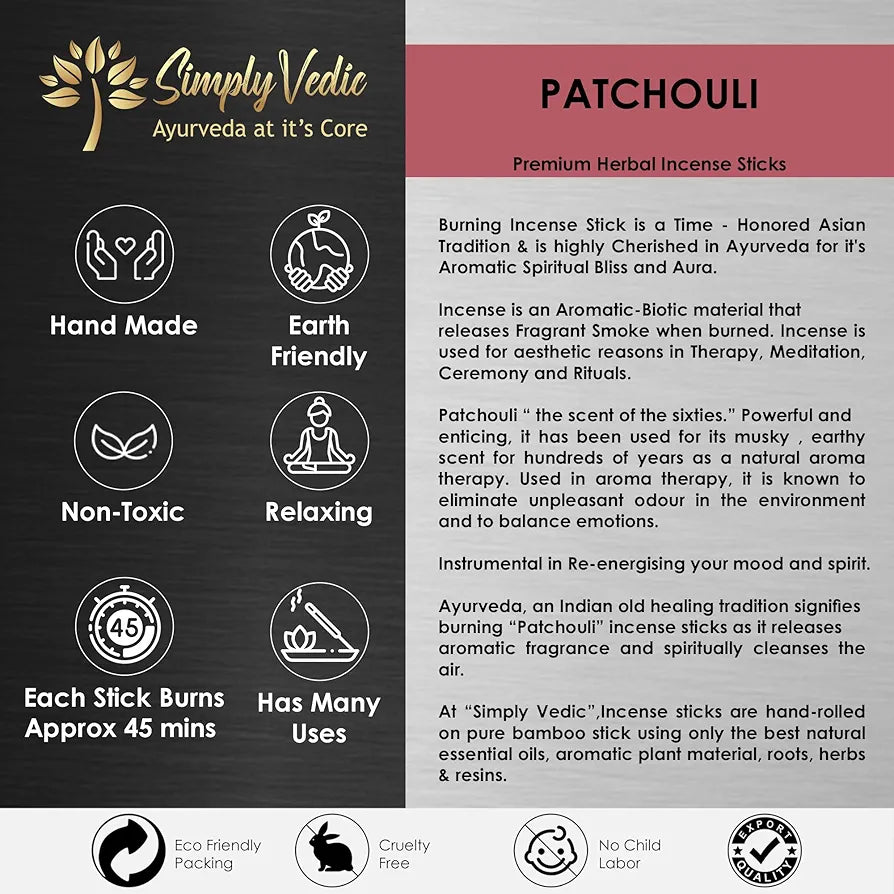Simply Vedic Patchouli Incense Sticks Pack Charcoal-Free
