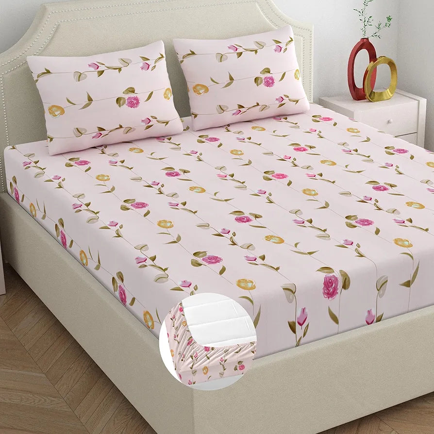 Dreamscape Microfibre Wrinkle & Fade Resistant Fitted Bedsheet for King Bed 140TC 1 Fitted Bed Sheet  with 2 Pillow Covers Pink