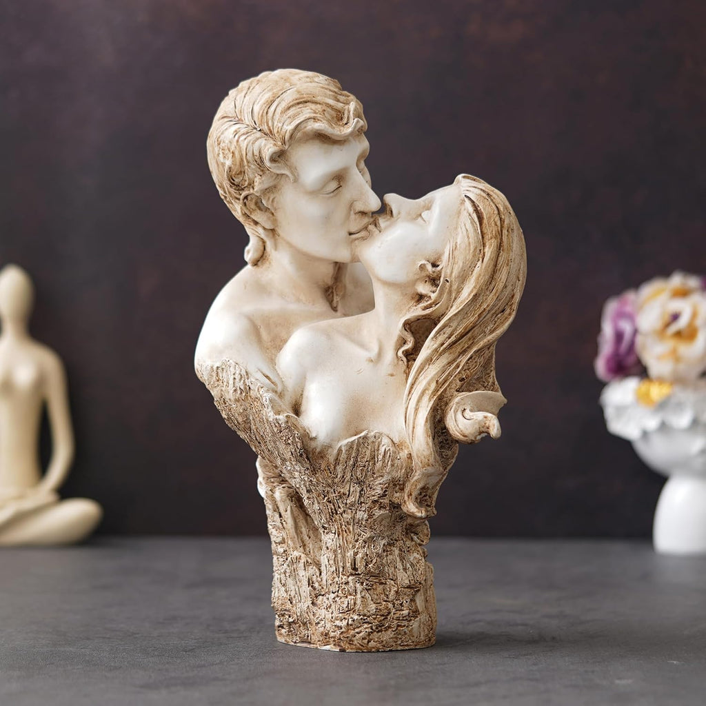 Ecraftindia White Brown Polyresin Man and Woman Kissing Statue, Romantic Kissing Couple Figurine | Elegant Home Decor