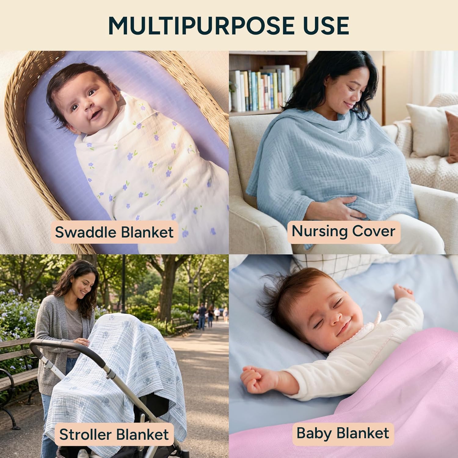 NINTARABABY Extra-Large Swaddle - 100% Organic Premium Muslin Cotton, 47" x 47" (119 cm x 119 cm), Ultra-Soft, Breathable & Lightweight, Multipurpose, Hypoallergenic, Gift for Newborn Girls