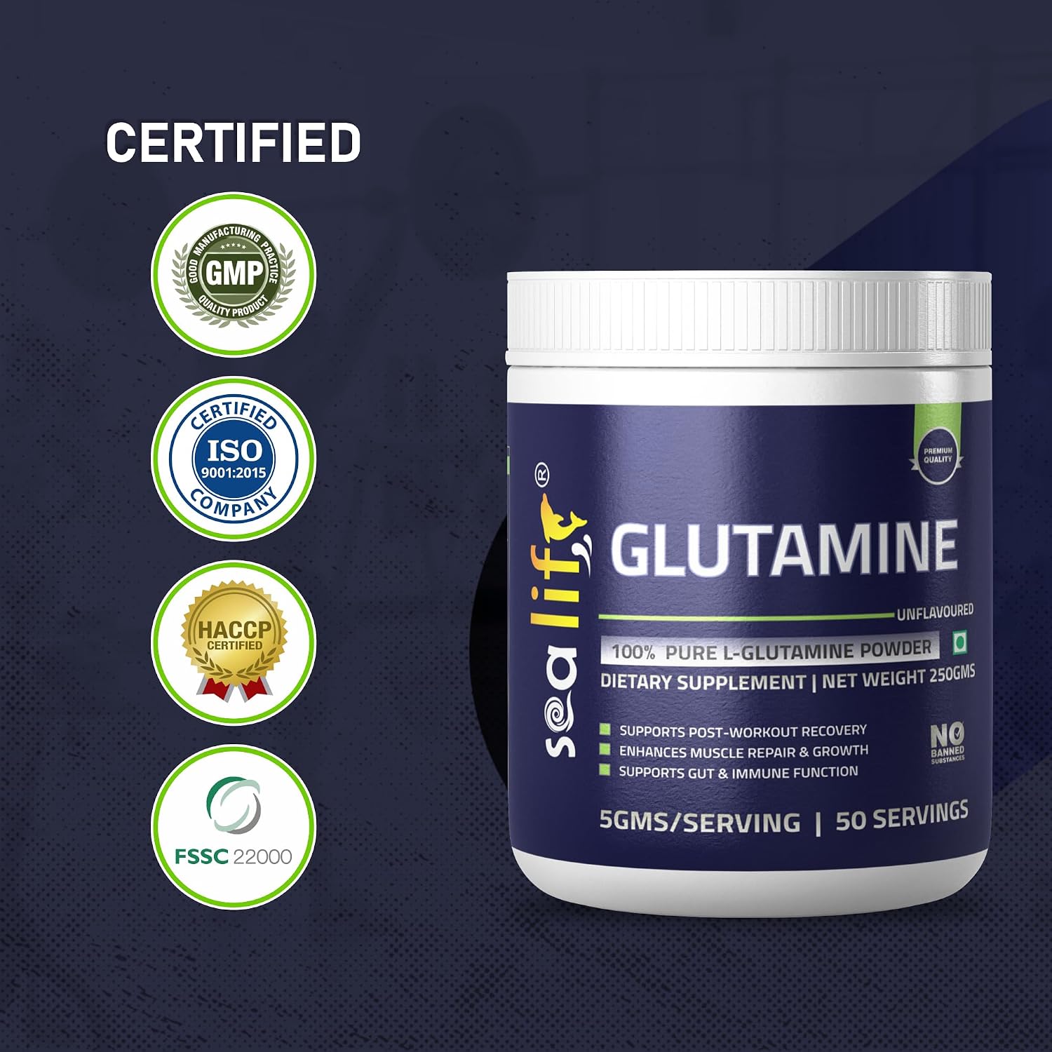 Sea Life 100% Pure L-Glutamine | Glutamine Powder, Amino Acid | Post Workout Supplement for Muscle Growth & Recovery - 250g, Unflavoured (50 Servings) For Men & Women. Pack of-1