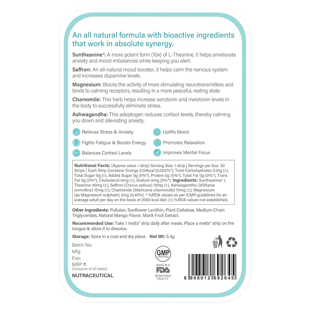 Wellbeing Nutrition Melts Calm & Relaxation | Suntheanine L-theanine, Magnesium & Chamomile - Natural Stress & Anxiety Relief to Uplift Mood and Reduce Cortisol (30 Oral Strips)