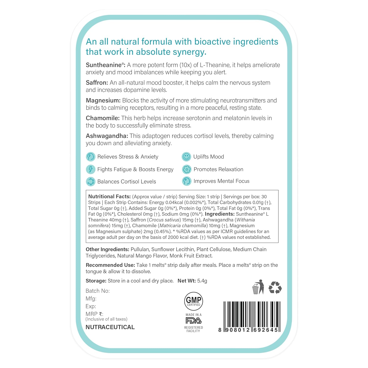 Wellbeing Nutrition Melts Calm & Relaxation | Suntheanine L-theanine, Magnesium & Chamomile - Natural Stress & Anxiety Relief to Uplift Mood and Reduce Cortisol (30 Oral Strips)