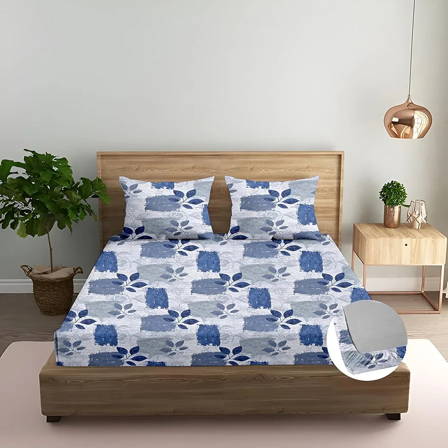 Trance Home Linen 100% Cotton 144Tc Elastic Fitted Bedsheet Printed King Bed Size Elasticated Fitted Bedspread with 2 Pillow Covers Colour Blue Beech