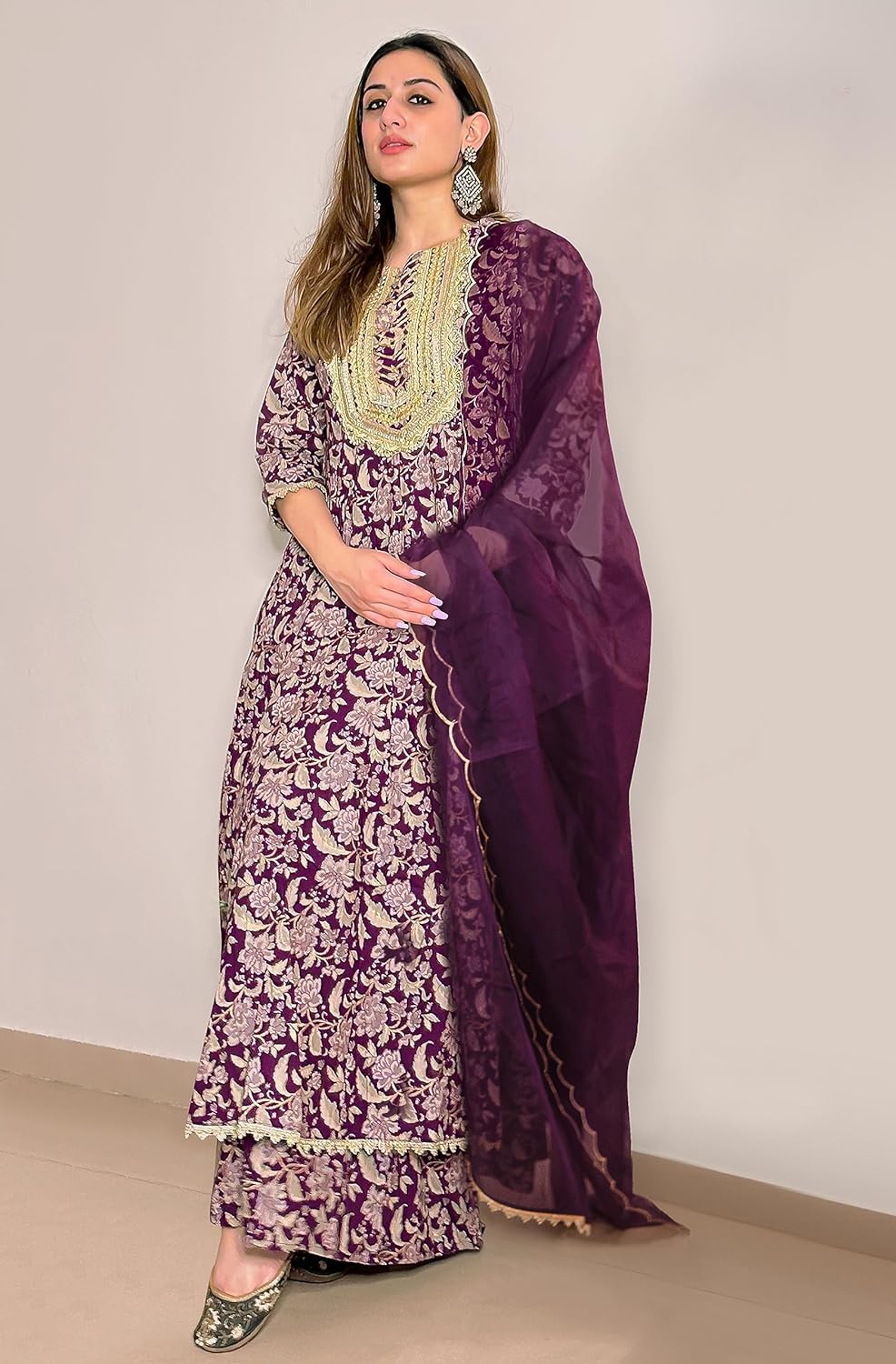 Janasya Women's Voilet Cotton Floral Printed Kurta with Palazzo and Dupatta
