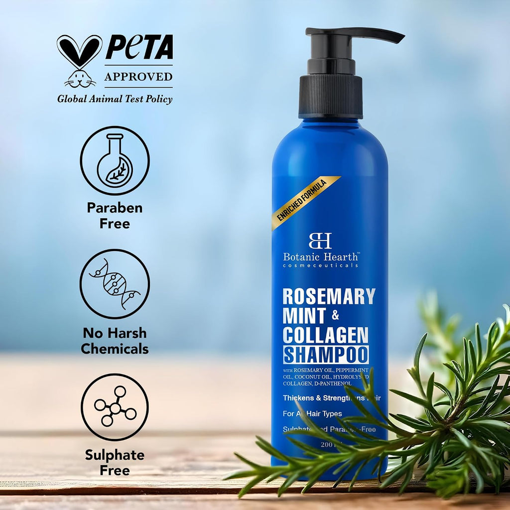 Botanic Hearth Rosemary Mint Shampoo with Peppermint Oil, Jojoba Oil & Collagen | Thickens & Strengthens Hair | Helps Reduce Hairfall | Shampoo for Women and Men | Sulphate & Paraben Free, 200ml