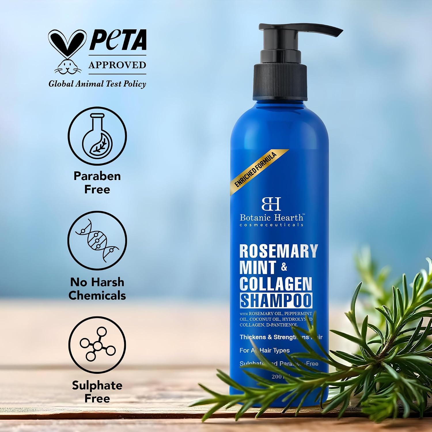 Botanic Hearth Rosemary Mint Shampoo with Peppermint Oil, Jojoba Oil & Collagen | Thickens & Strengthens Hair | Helps Reduce Hairfall | Shampoo for Women and Men | Sulphate & Paraben Free, 200ml