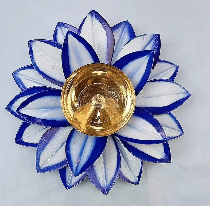 Lotus Kamal Diya Brass Diyas Oil Lamp Stand Blue & White
