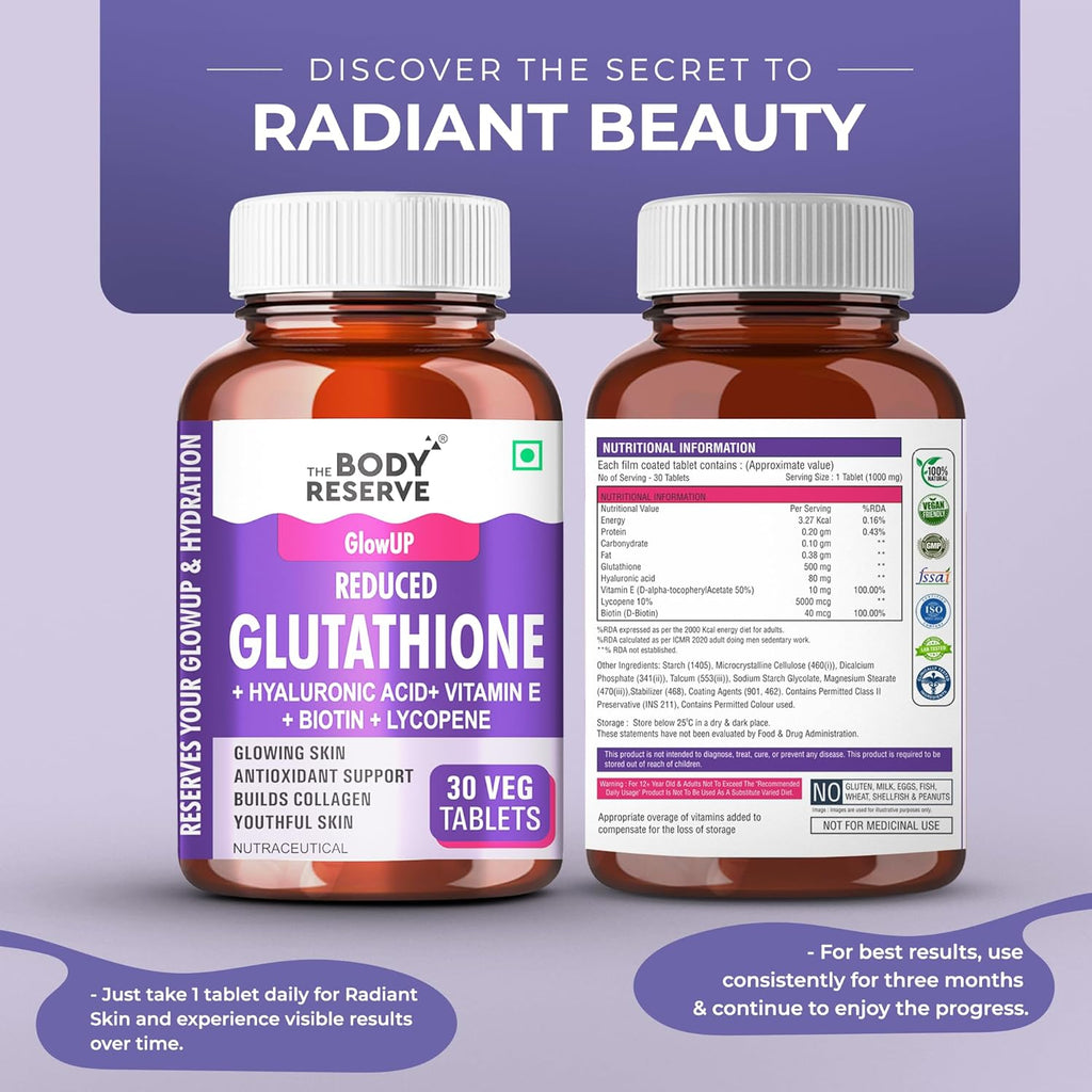 The Body Reserve Japanese L-Glutathione Tablets for Skin Whitening | 500mg Glutathione Supplements with Hyaluronic Acid, Vitamin E, Lycopene & Biotin | Skin Glow & Collagen Support | Sugar-Free, 30 Tablets