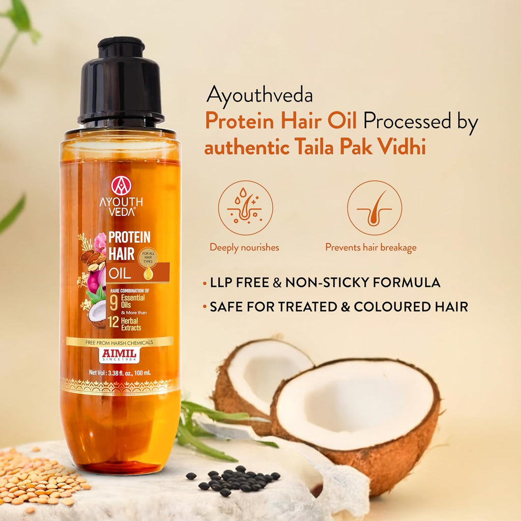 Ayouthveda Protein Hair Oil | Nourishing Oil to Repair Damage | With Bhringraj, Coffee, Arhar & Urad Dal | Blend of 9 Nourishing Oils and 12 Herbal Extracts | Helps Improve Hair Strength, Shine & Softness | For All Hair Types | 100 ml