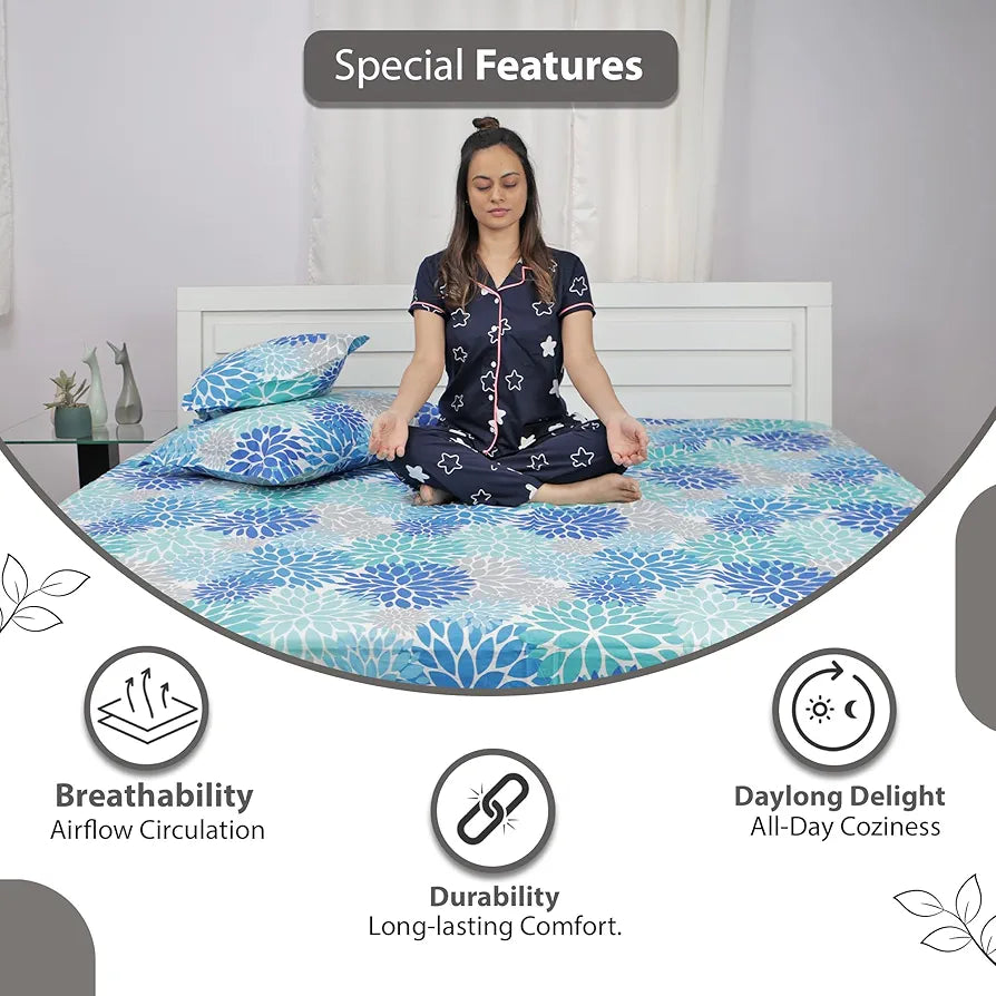 Divine Casa Bedsheet for Single Size Bed | 144 TC | Cotton Bedsheet for Single Size Bed with 1 Pillow Cover  Floral Colour Galaxy Blue