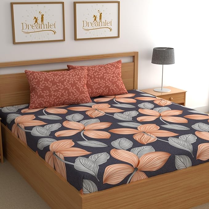 Dreamlet All Around Elastic Supersoft 210tc Premium Cotton Elastic Fitted Bedsheets With 2 King Size Pillow Covers | Blue & Brown