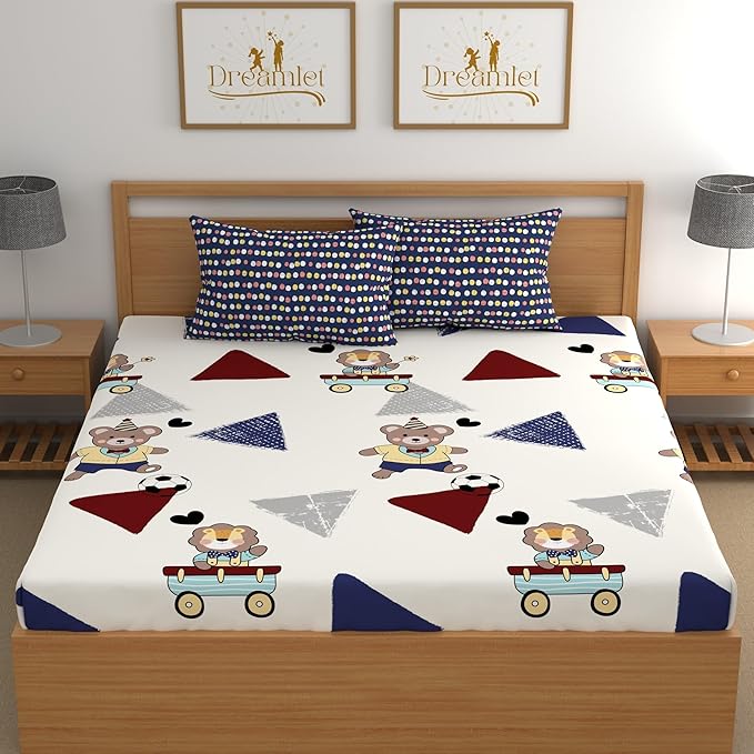 Dreamlet All Around Elastic Supersoft 210tc Premium Cotton Elastic Fitted Bedsheets With 2 King Size Pillow Covers | White & Blue