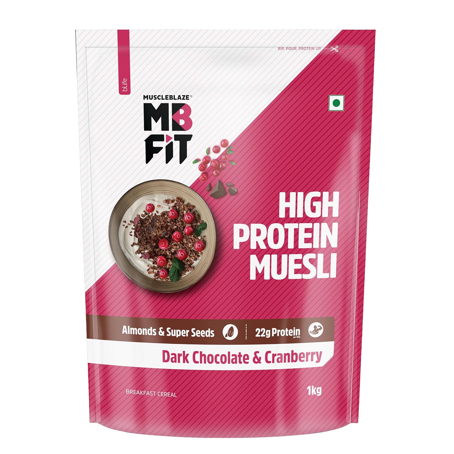 MuscleBlaze Fit High Protein Muesli, Dark Chocolate & Cranberry, 400g | 22g Protein | With Raisins, Almonds & Super Seeds,High Protein Breakfast Cereals
