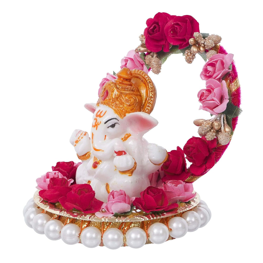 Ecraftindia Lord Ganesha Idol on Decorative Handcrafted Plate With Throne of Pink and Red Flowers