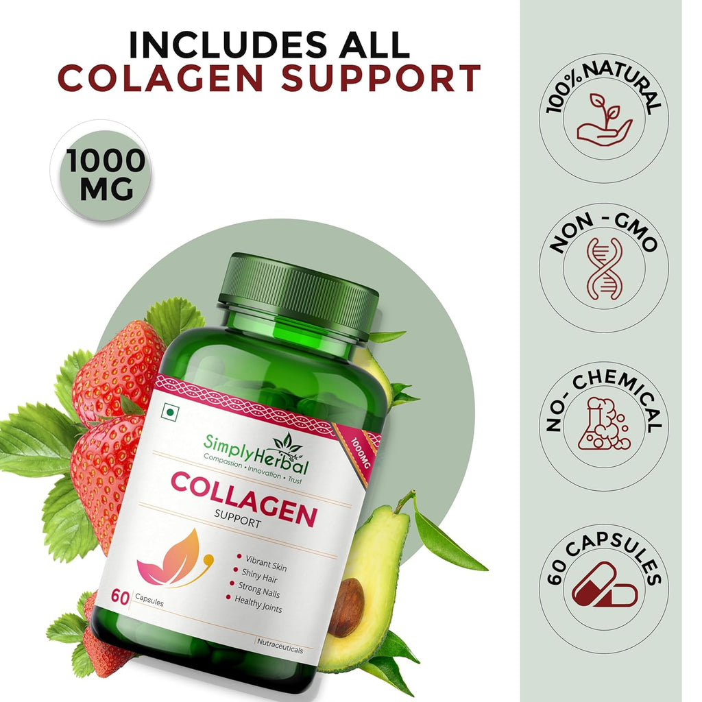 Simply Herbal Collagen Builder 1000mg with Biotin & Vitamin C for Hair Skin, & Nails, Plant-Based Supplement for Women & Men (60 Capsules)